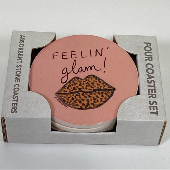 FEELING GLAM Absorbent Stone  Coasters 4 Pack Blush Pink Animal Print Lips Gift - Picture 6 of 14